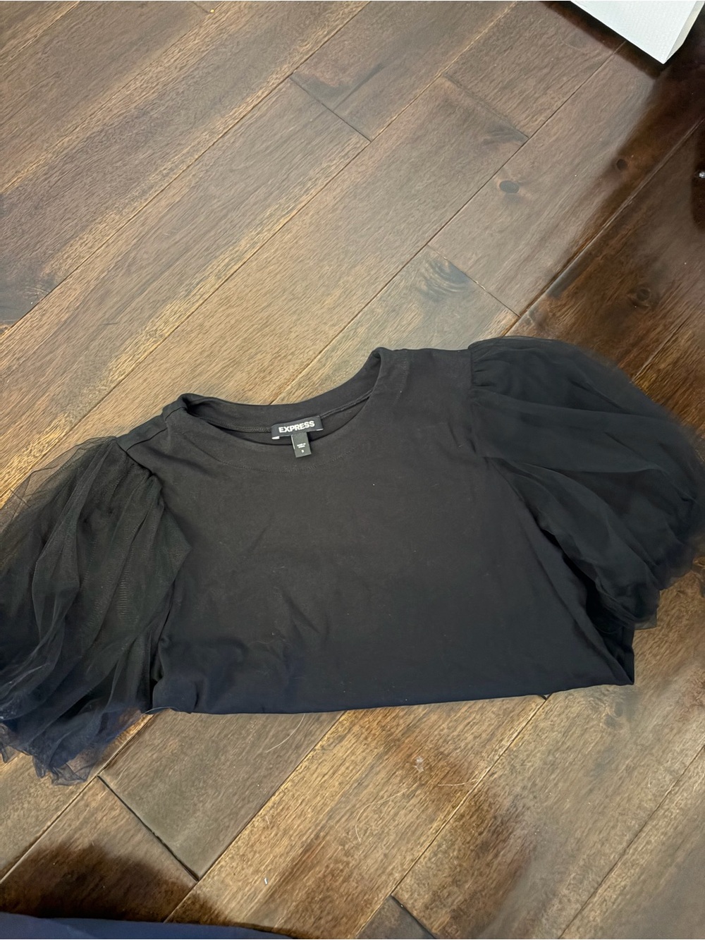 Express Black Puff Sleeve Tee with Sheer Tulle Sleeves
